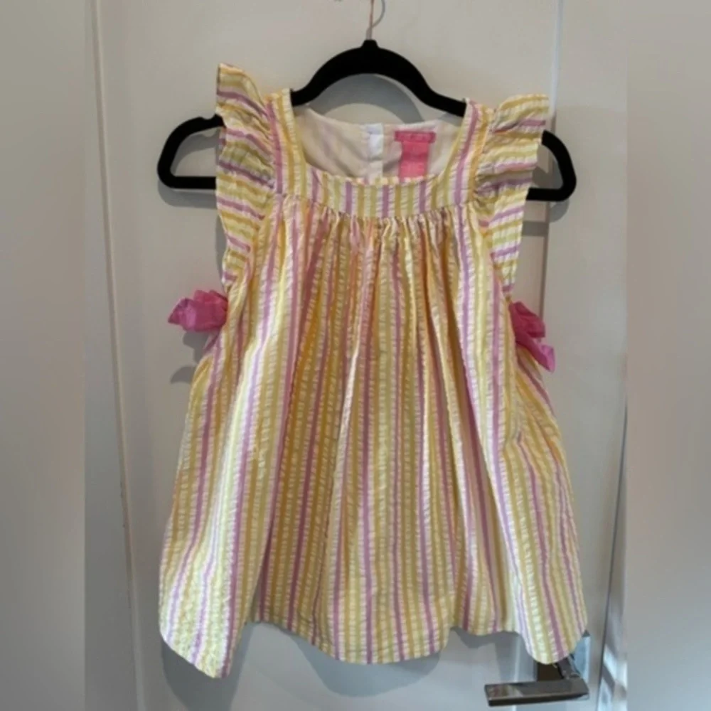 Isaac Mizrahi New York Yellow Pink Striped Sleeveless Ruffle Lined Dress Girl 6